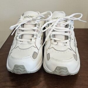 Vionic Walker Classic Women's Walking Shoe White Leather Pink & Grey Accents Sz7